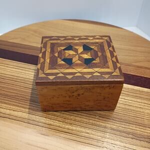 Small Wooden Handmade Trinket Box Pattern Top Photo of a Man Interior OOAK